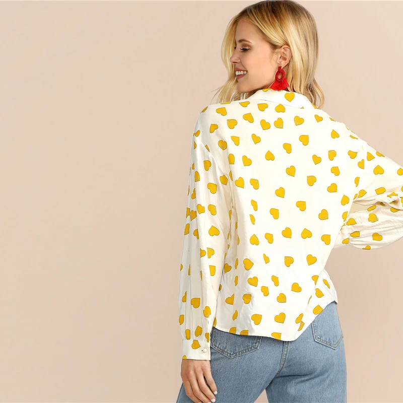 Dotfashion, повседневная желтая блузка с принтом сердца, женская рубашка, осень, на пуговицах, v-образный вырез, блузки для девушек, отделка, милый топ