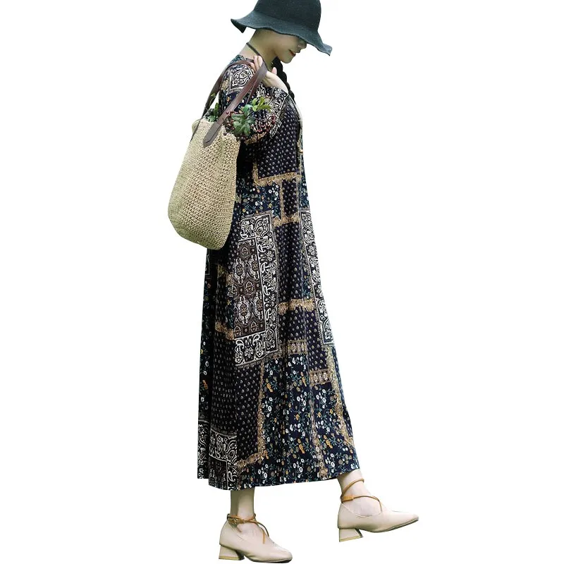 Женское хлопковое льняное платье винтажное Цветочное с круглым вырезом и