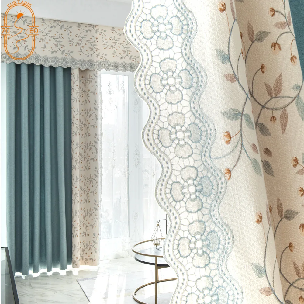 

American Pastoral Cotton and Linen Stitching Embroidered Curtains Blackout Curtains for Living Room Bedroom Lace Curtains