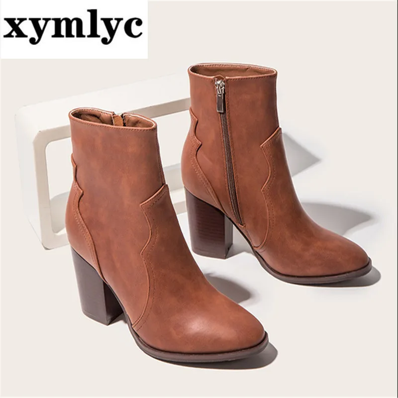

Women Fashion High Quality Leather Boot 2020 Autumn Winter Comfortable Side zipper High Heel Non-slip Increase women ankle boot