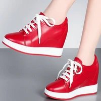 platform shoes womens genuine cow leather fashion sneakers ankle boots round toe hidden wedge high heel oxfords lace up