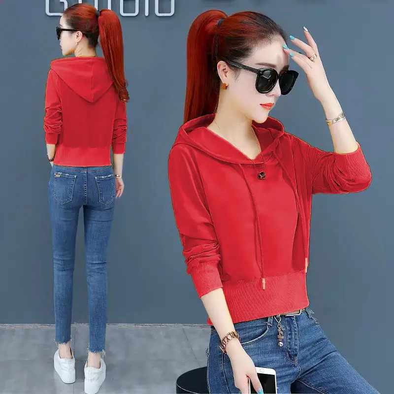 

Women Hoodie Sweatshirts Girls Casual Long Sleeve Cotton Hooded Fashion Loose Solid Autumn Korean Short Pullover for Female E166