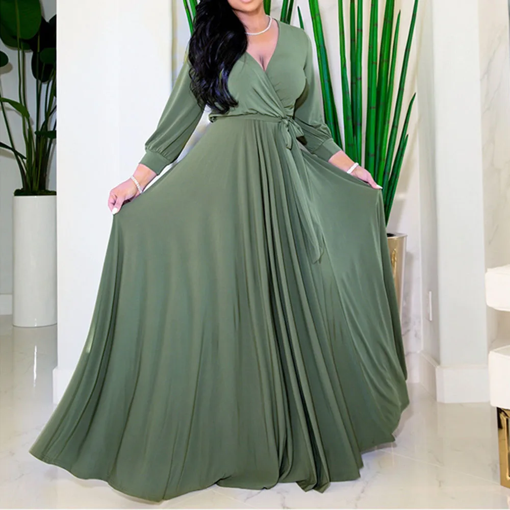 

3 Colors Pure Color V-neck Dress Big Swing Long Dresses Women Maxi Vestidos Stitching Bowknot High Waist Fashion Ladies 2021