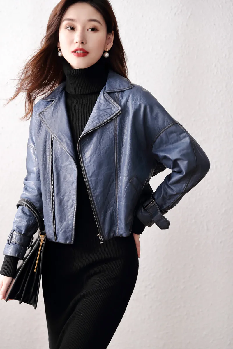 

JCHB 2021 leather Turkey sheep leather leather jacket for women short motorcycle small leather jacket loose Autumn New