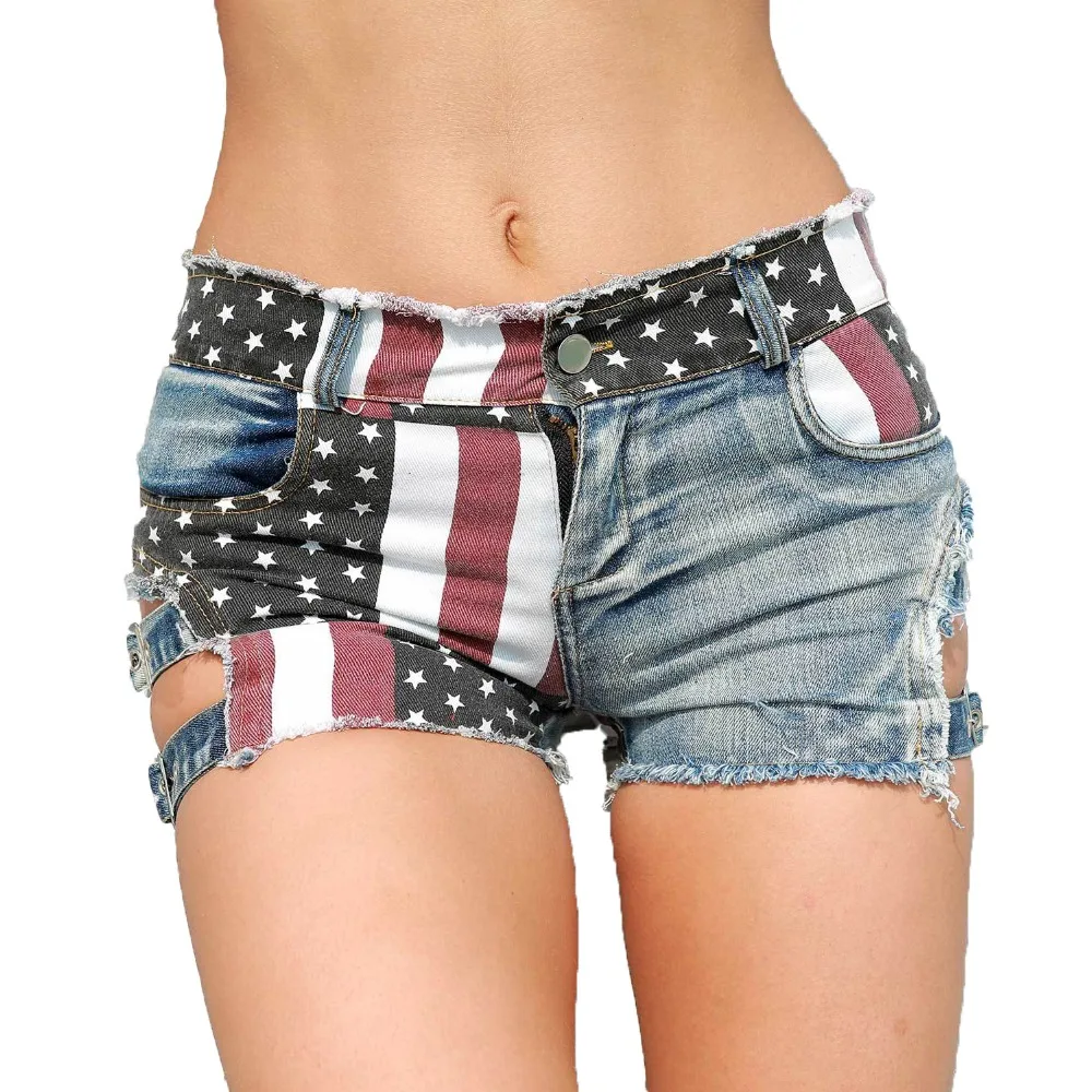 New  Sexy Women's High Waist Hole Jeans Shorts American Flag Printed Daisy Duke Ripped Denim Shorts