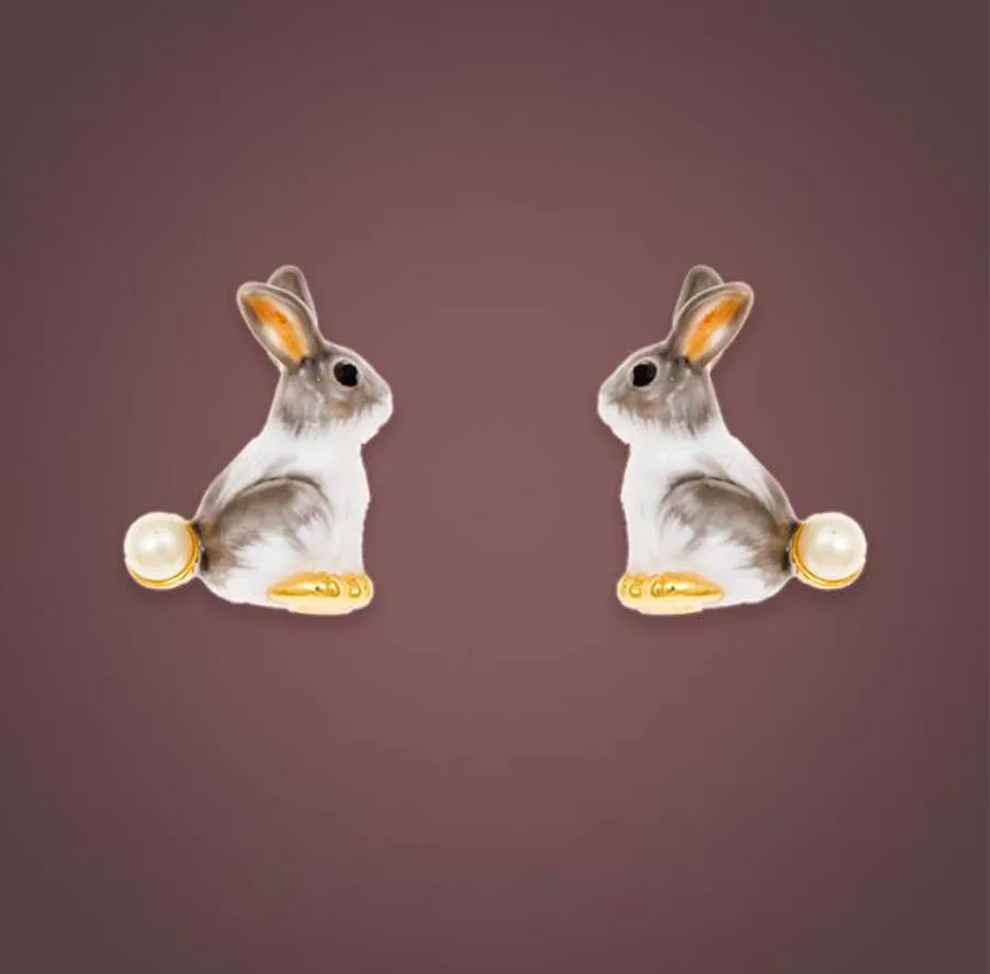 

French enamel dripping oil cartton earrings cute k gold-plated rabbit pearl sweet girls vintage lovely stud earrings