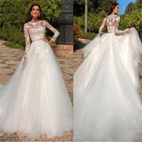 long sleeves a line wedding dresses bridal gowns tulle with ribbon custom made spring lace appliques top