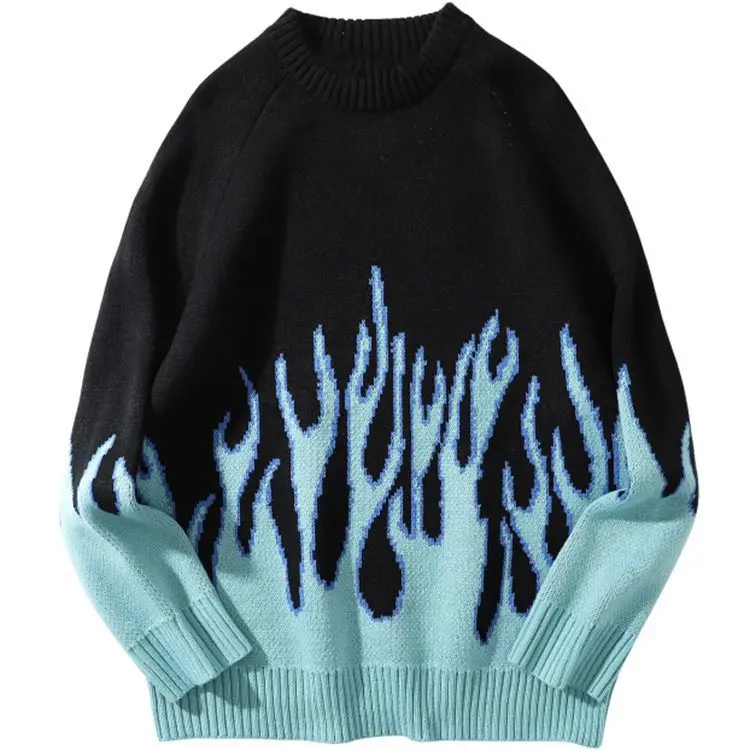 

2021 new sweater female hip-hop style flame jacquard women's sweater traf couple pullover knit top loose sweater
