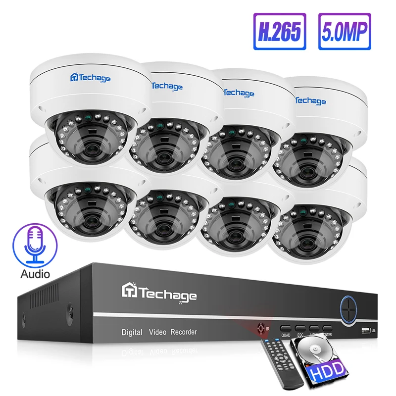 Techage 5MP H.265 POE NVR купольная камера Система аудио запись звука Антивандальный Крытый
