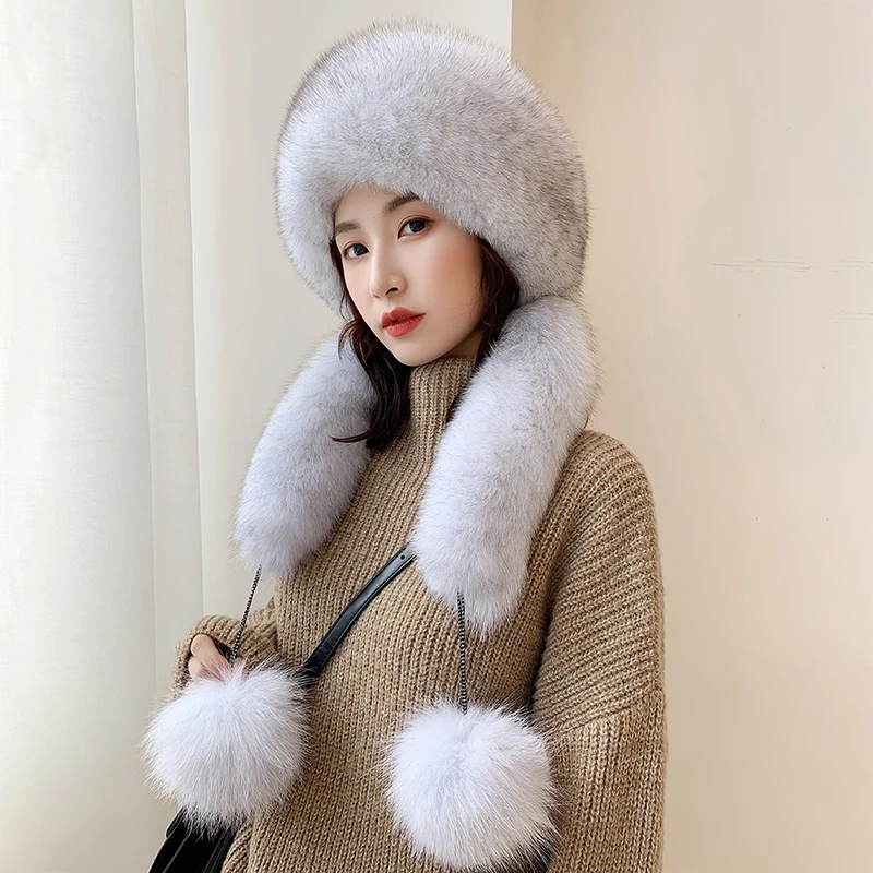 

Lantafe Women Hat Winter Hat With Tail Ball Decoration Fluffy Hair Pretty Cute Style Fox Fur Keep Warm Real Fur