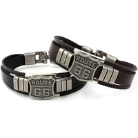 retro route 66 pattern bracelet mens bracelet fashion metal and leather multilayer jewelry bracelet accessories party jewelry