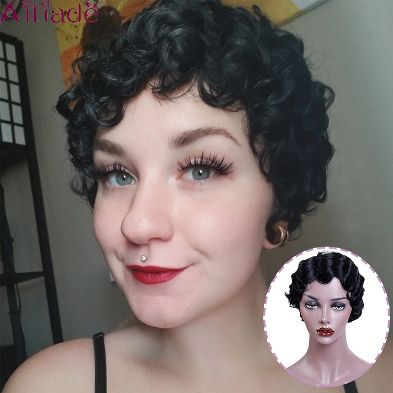AILIADE Короткие Черные Кудрявые Волнистые парики блонд синтетический не Реми