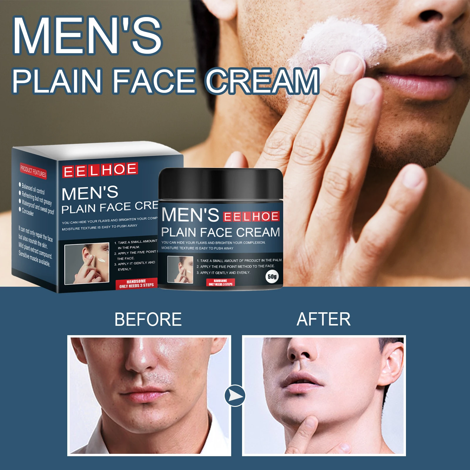 

Eelhoe Men's Plain Face Cream Non-greasy Moisturizers Natural Face Cream Firming Face Cream Oil control Skin Care（50ml）