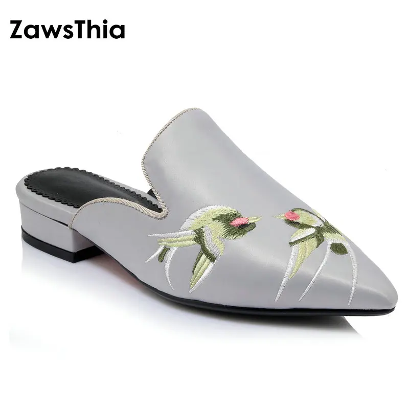 Сланцы ZawsThia женские атласные искусственный шелк вышивка птицами шлепанцы для