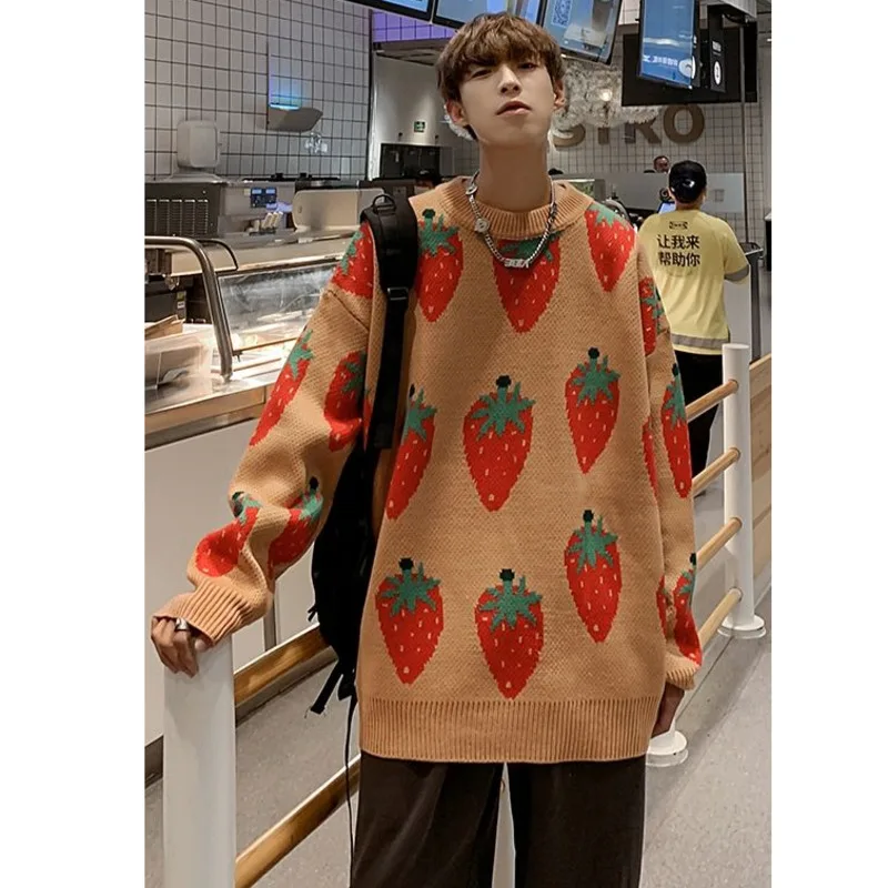 

Men's sweater 2020 Autumn winter new slim pure color strawberry print long-sleeve sweater casual personality youth men's wear