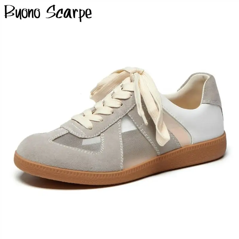 

Natural Suede Leather Women Sneakers Lace Up Mesh Flat Shoes Brand Designer Casual Flats Tenis Girls Trainers Flats Sneakers New