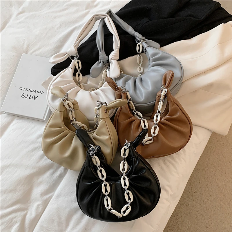 

Burminsa Half Moon Ruched Chain Shoulder Bags For Women Designer Brand Baguette Small Ladies Purses And Handbags Summer 2021