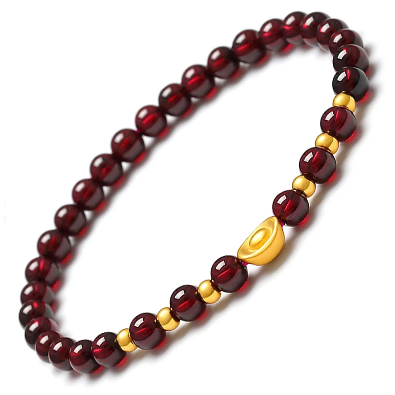 

Real 24K Yellow Gold Bracelet 3D Craft Luck Yuanbao Bead with Garnet Beads Link Bracelet 6.3inches