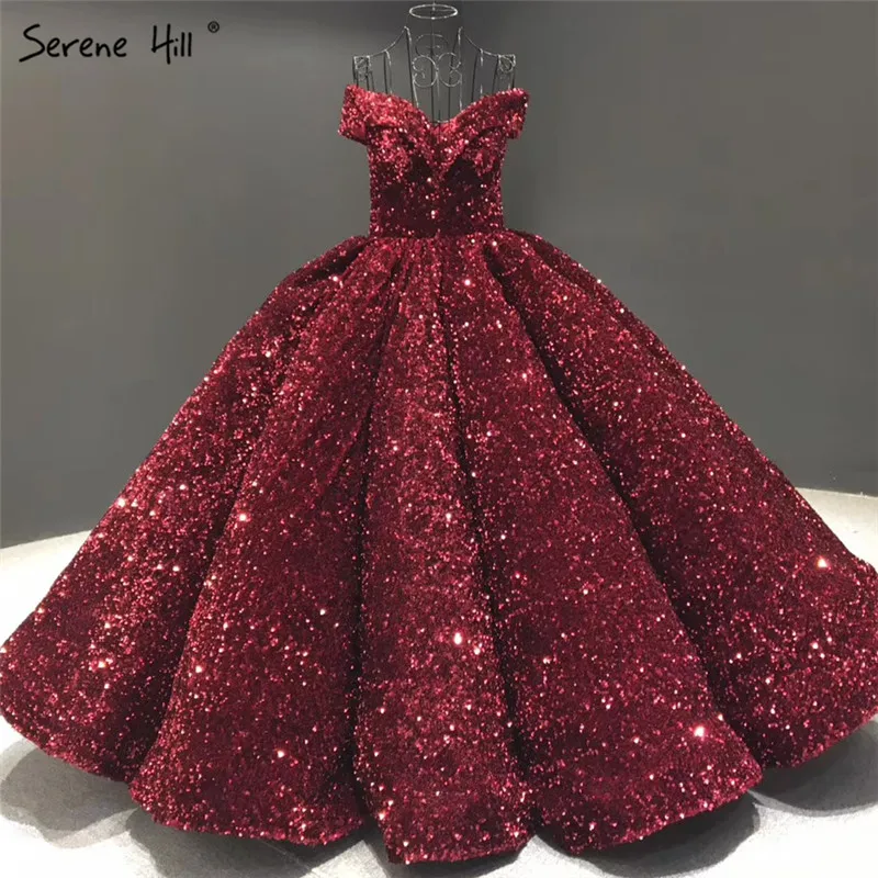 wine red Дубай Милое сексуальное роскошное свадебное платье, расшитое блестками, с открытыми плечами, свадебные платья Serene Хилл DHM66991 на заказ - Цвет: wine red