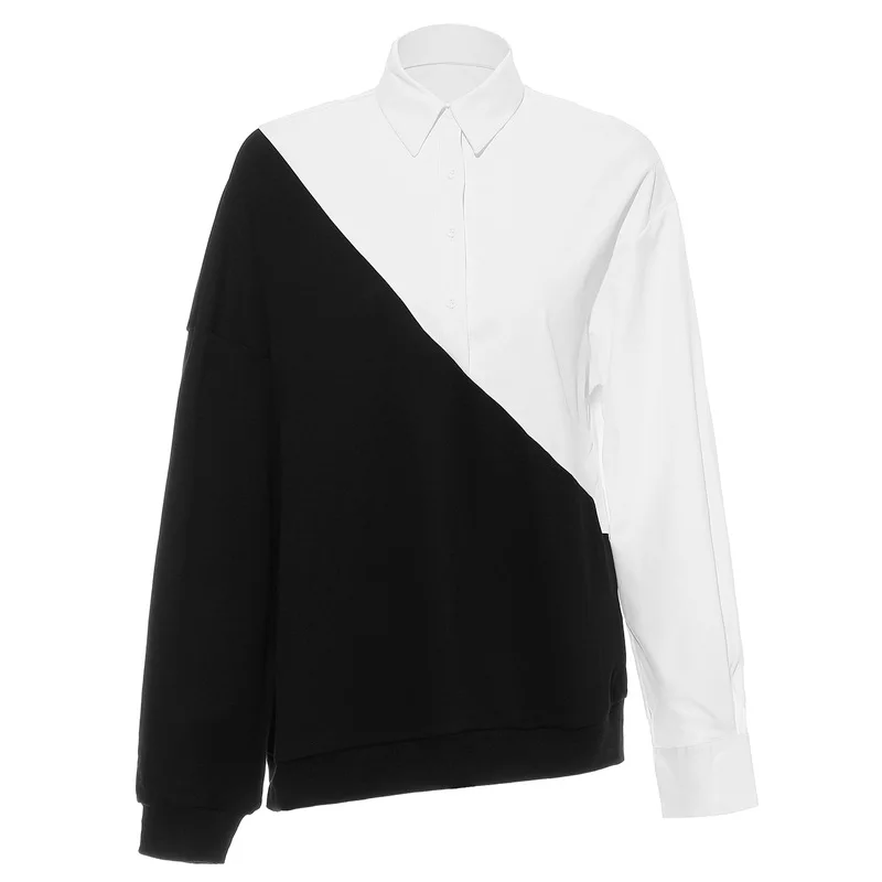 

Streetwear Cotton Contrasting Color Patchwork BF Loose Full Polo Sweater Midi Top Women Blouses