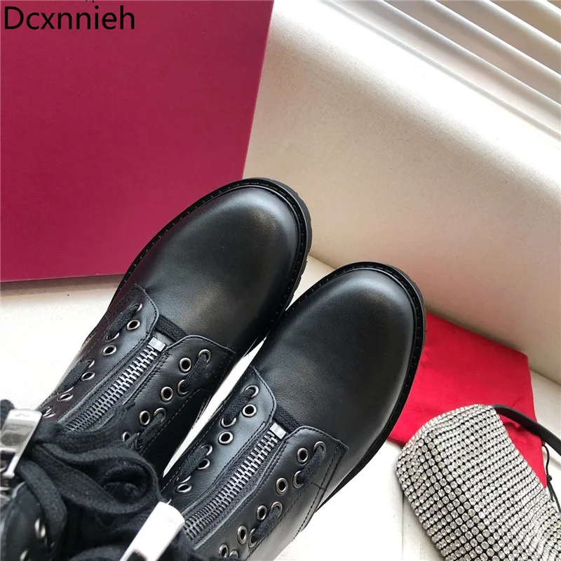 

Autumn Black Thick Sole Motorcycle Boots Round Toe Lace Up Mid-calf Boots Women Genuine Leather Short Boots Winter Boots Woman