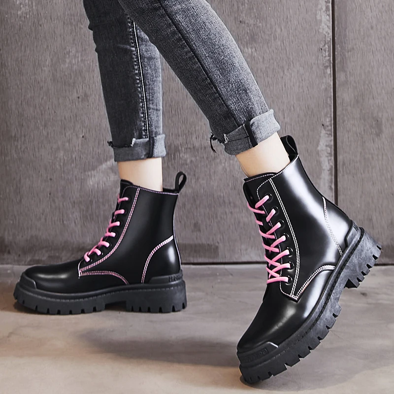 Женские мотоциклетные ботильоны на платформе черные кожаные оксфорды шнуровке