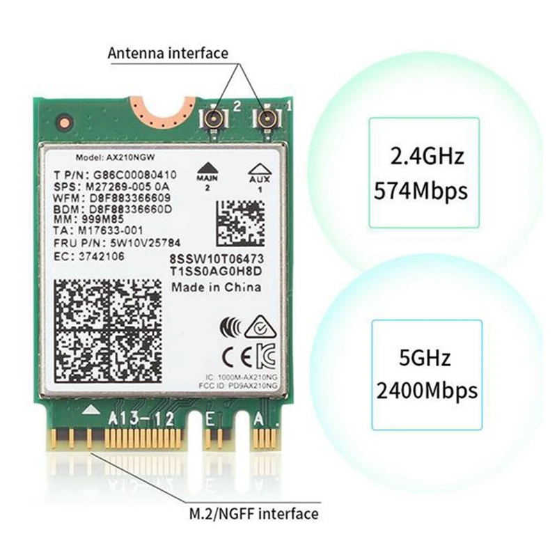 

WI-FI 6E Bluetooth 5.2 for AX210 Dual Band 3000Mbps M.2 Wireless Card AX210NGW 2.4G/5G 802.11Ax with IPEX Antenna