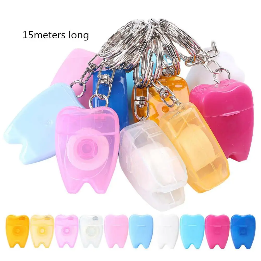 100pcs Portable Dental Waxed  Floss with Key Chain for Gum Teeth Cleaning Oral Care 15meters Long