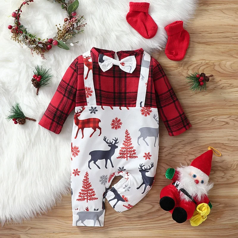 

New Christmas Baby Clothes Plaid Cartoon Animal Bow Patchwork Long Sleeve Baby Rompers Baby Girl Clothes Baby Boy Clothes 0-18M