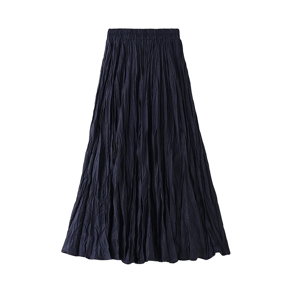 

Spring Autumn New Tide Fashion Female Student Woman Winter The Arts Vintage Solid Color Crumple Midi Skirts Girl Pleated Skirt