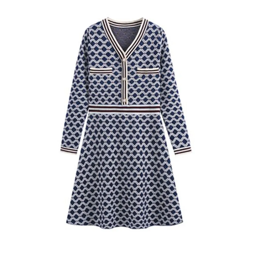

Autumn Woman Knitted Dress 2022 Long Sleeve V-neck Plaid Blue Korean Style Elegant Ladies Sexy Mini Sweater Dresses Elegant