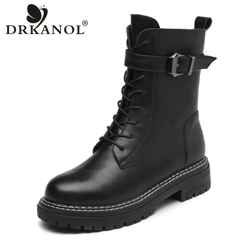 

Женские зимние сапоги DRKANOL из натуральной кожи с пряжкой и ремешком на резиновой подошве на толстом каблуке зимние сапоги с шерстяным мехом женская обувь на платформе черного цвета