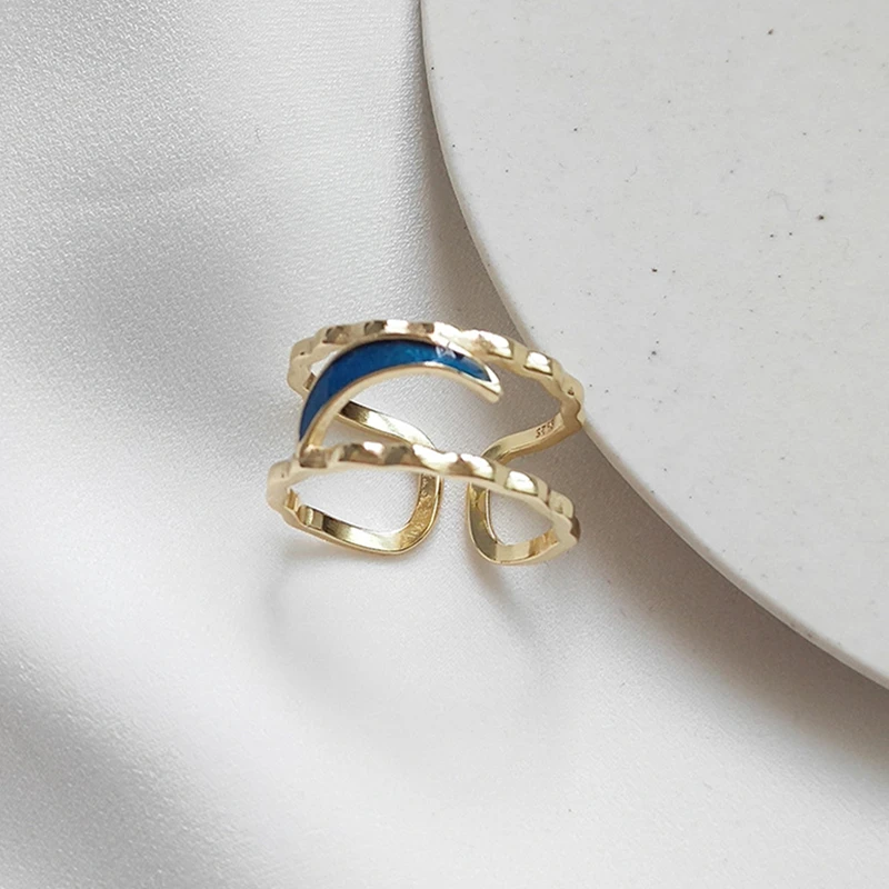 Настоящее 925 пробы серебряное синее эмалированное лунное милое ажурное кольцо