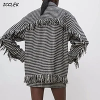 za womens shirts jackets loose blouses femme plaid long sleeves houndstooth spring outwear workwear new design mujer blusas trf