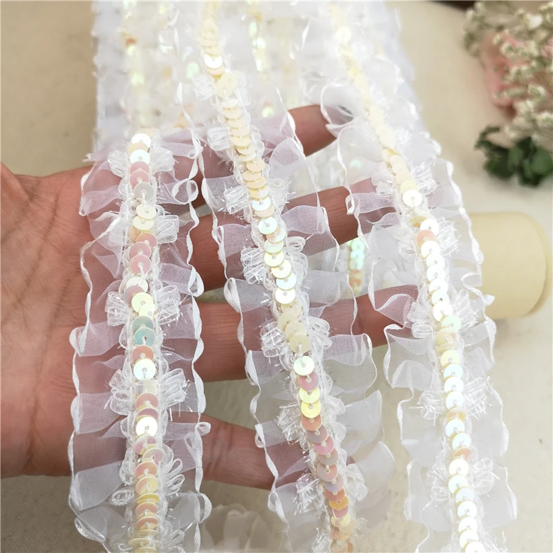 10 ярдов/лот 3-4 см в ширину черно-белый снег из газовой ткани с пайетками кружевное