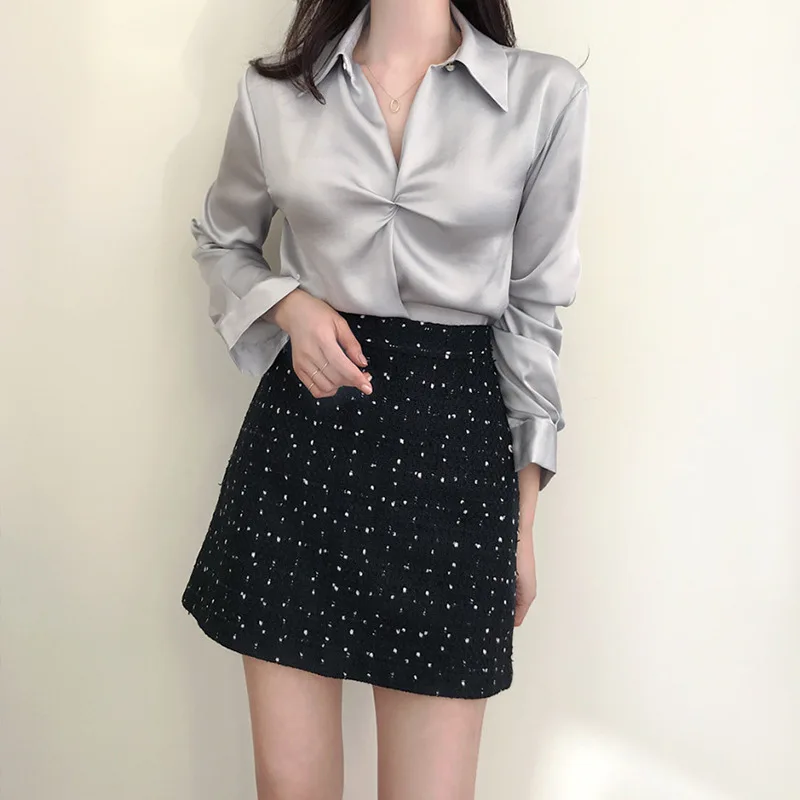 Новинка 2020 женская модная блузка из атласа с длинным рукавом винтажная Женская