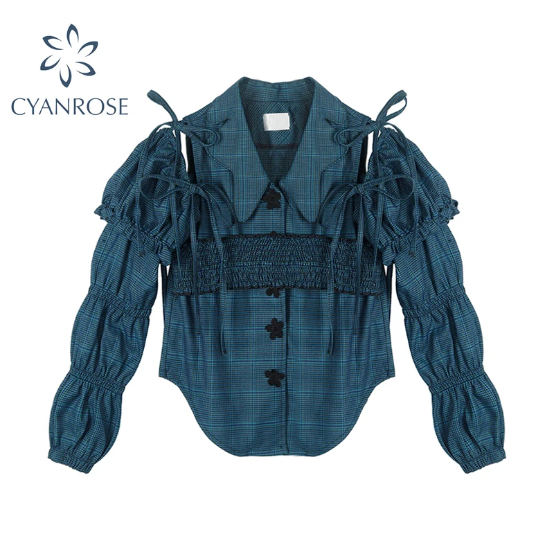 Блузка женская клетчатая с длинным рукавом уличная одежда завышенной талией