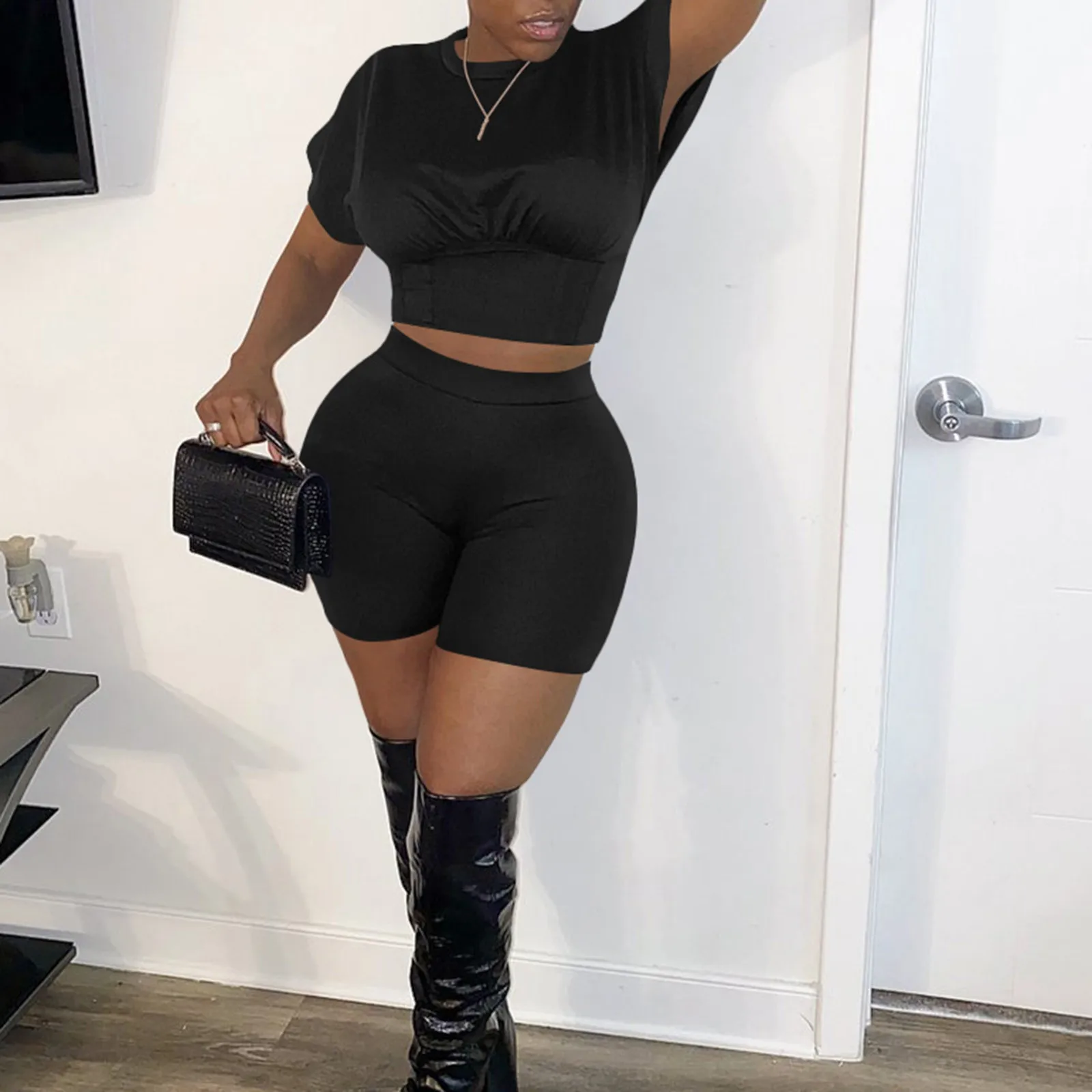 

Women's Summer 2 Piece Outfit Short Sleeve Slim T-Shirt Bodycon High Waist Biker Shorts Sets Breathable Sportwears Tracksuit A40