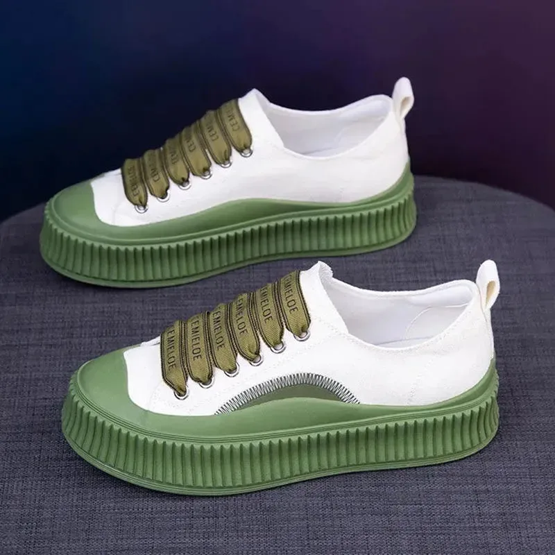 Round Head Lace-Up White Canvas Shoes Retro Non-Slip Green Platform Shoes High Quality Heighten Flat Casual Vulcanize Shoes