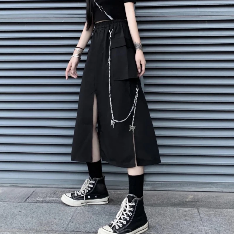 

HOUZHOU Gothic Long Skirt Women High Split Butterfly Chain Black Skirts Mall Goth Summer Harajuku Punk Streetwear Dark Academia