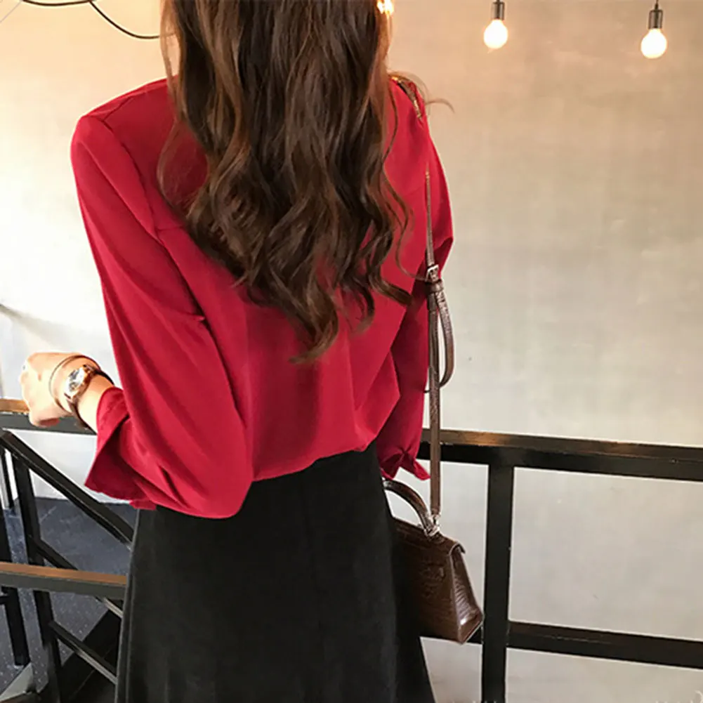 New Fashion Autumn Blouses Women Casual V Neck Shirts Long Sleeves Chiffon Tops Ladies Work Office Shirt 2020 | Женская одежда