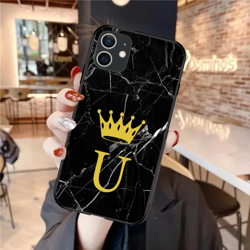 

Luxury Black Marble Crown 26 English Alphabet Custom Name Phone Case For iPhone 11Pro Max SE2020 XR X 7 8 Plus 6 Silicone Cover
