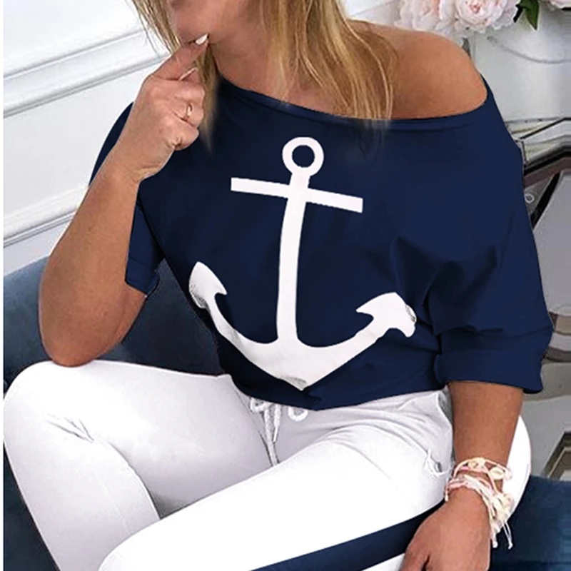 Plus Size 2 Piece Set Top And Pants Femme Clothes Elastic Waist Long Tracksuit Women Two Boat Anchor Print |