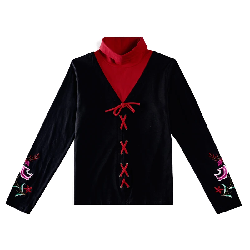 

Fake-Two-Pieces Chinese Style Embroidery T Shirt Women Autumn Spring Woman Clothes Vintage T-shirt Top Tee Indie Folk Plus Size