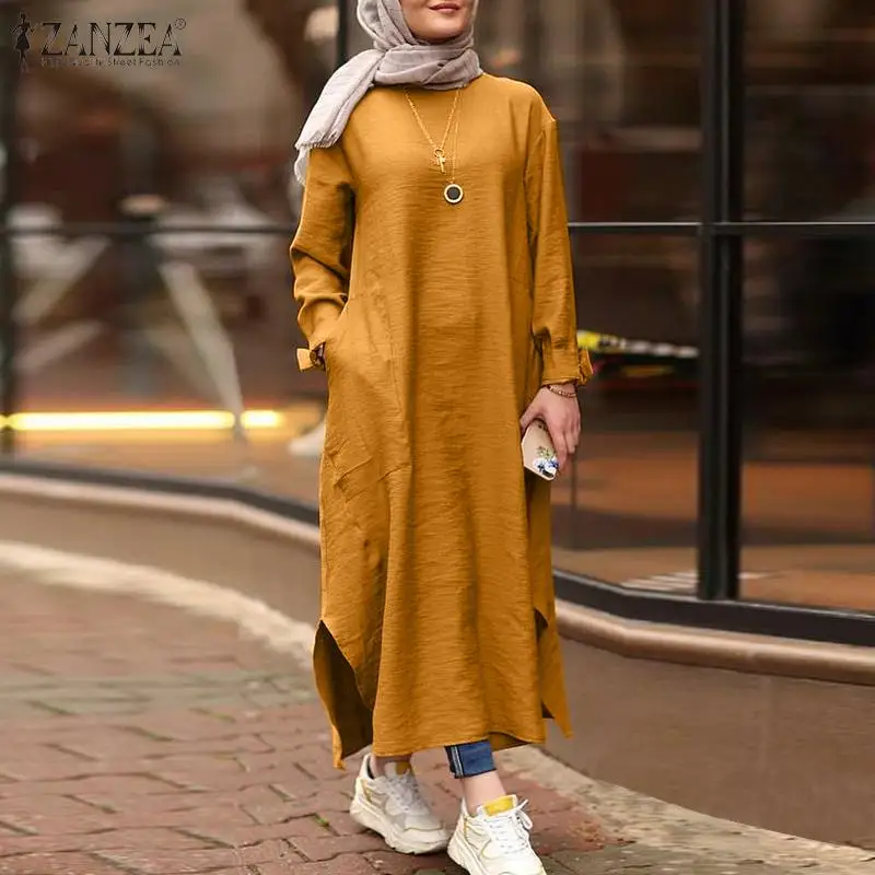 Винтажное мусульманское Макси-платье ZANZEA 2022, женский сарафан с длинным рукавом, женские повседневные однотонные платья, женское хиджаб-пла...