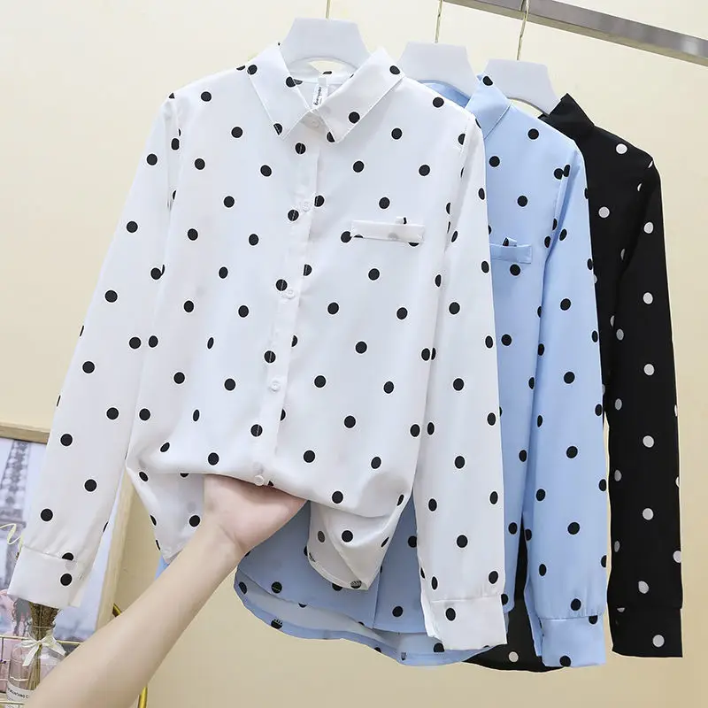 

Women's Spring Autumn Style Blouses Shirt Long Sleeve Polka Dot Turn-Down Collar Button Elegant Loose Tops