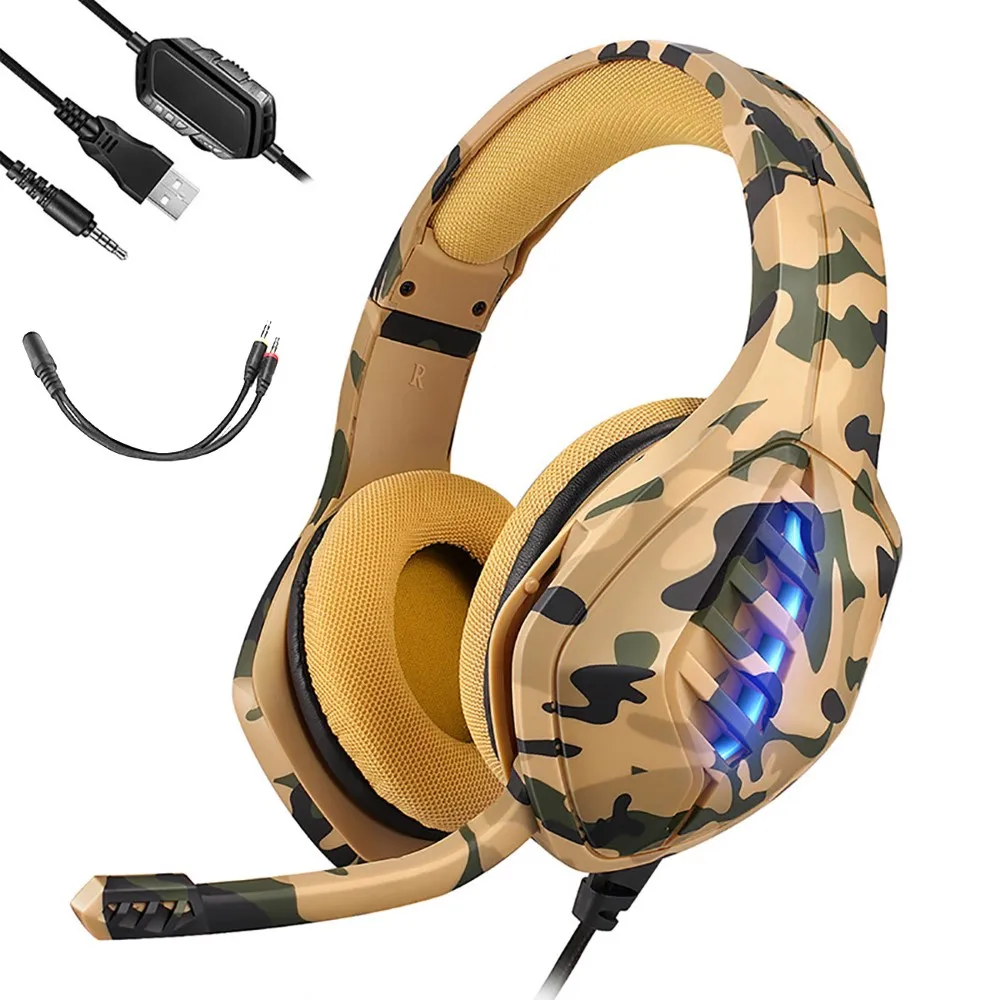 

Camouflage USB Wired Gaming Headset 3.5mm Deep Bass Stereo Surround Headphone Light Over Ear Earphone For PS4 Xbox One/PS5 Phone