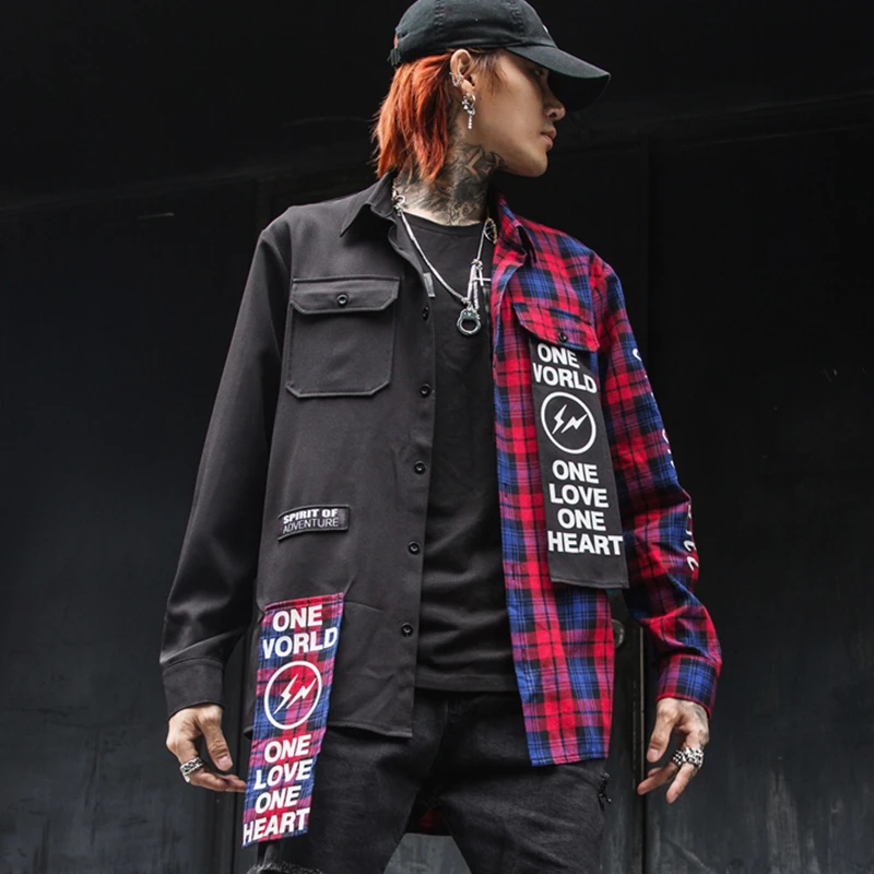 New Western Diablo Style Fashion Individuality Printed Plaid Patchwork Men's Long-Sleeved Shirts Hip Hop Autumn Streetwear Color
