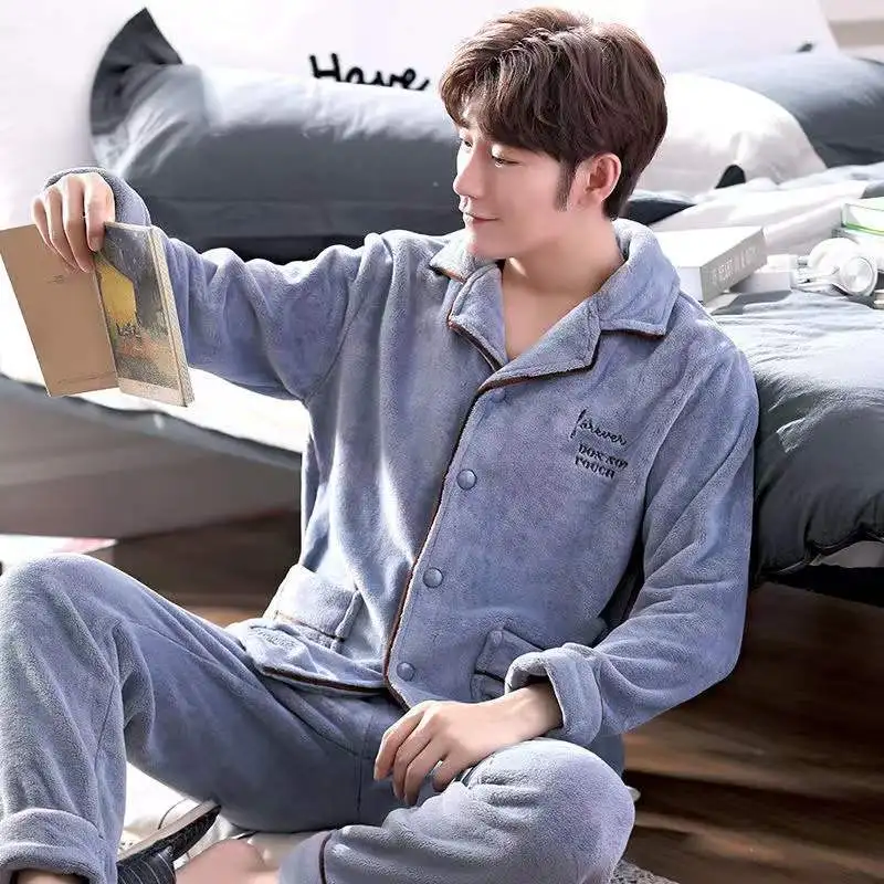 Winter Pajama Set Men's Flannel Thicken Warm Sleepwear L-3XL Pyjamas Long Sleeve Trousers Plus Size Loose Nightgown Male