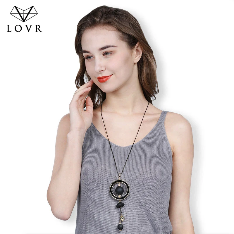 LOVR винтажное этническое Черное длинное ожерелье с веревочкой для женщин большое